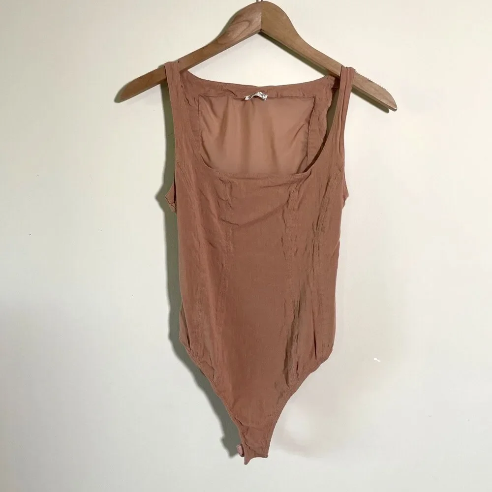 Free People Shes A Catch Bodysuit Top Sz S Nude Square Neck Sheer Back Stretch